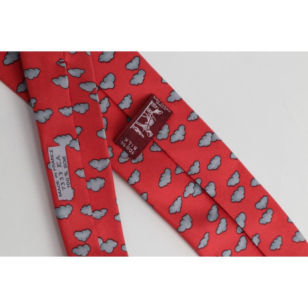Vintage Hermes Silk Tie Red Grey Cloud Pattern Made in France Luxury - Picture 8 of 10